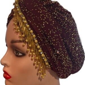 Embellished Burgundy Turban with Gold Beads